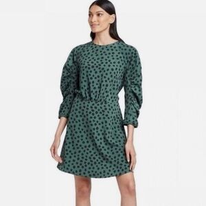 WHO WHAT WHERE L green and black polka dot ruched sleeve dress